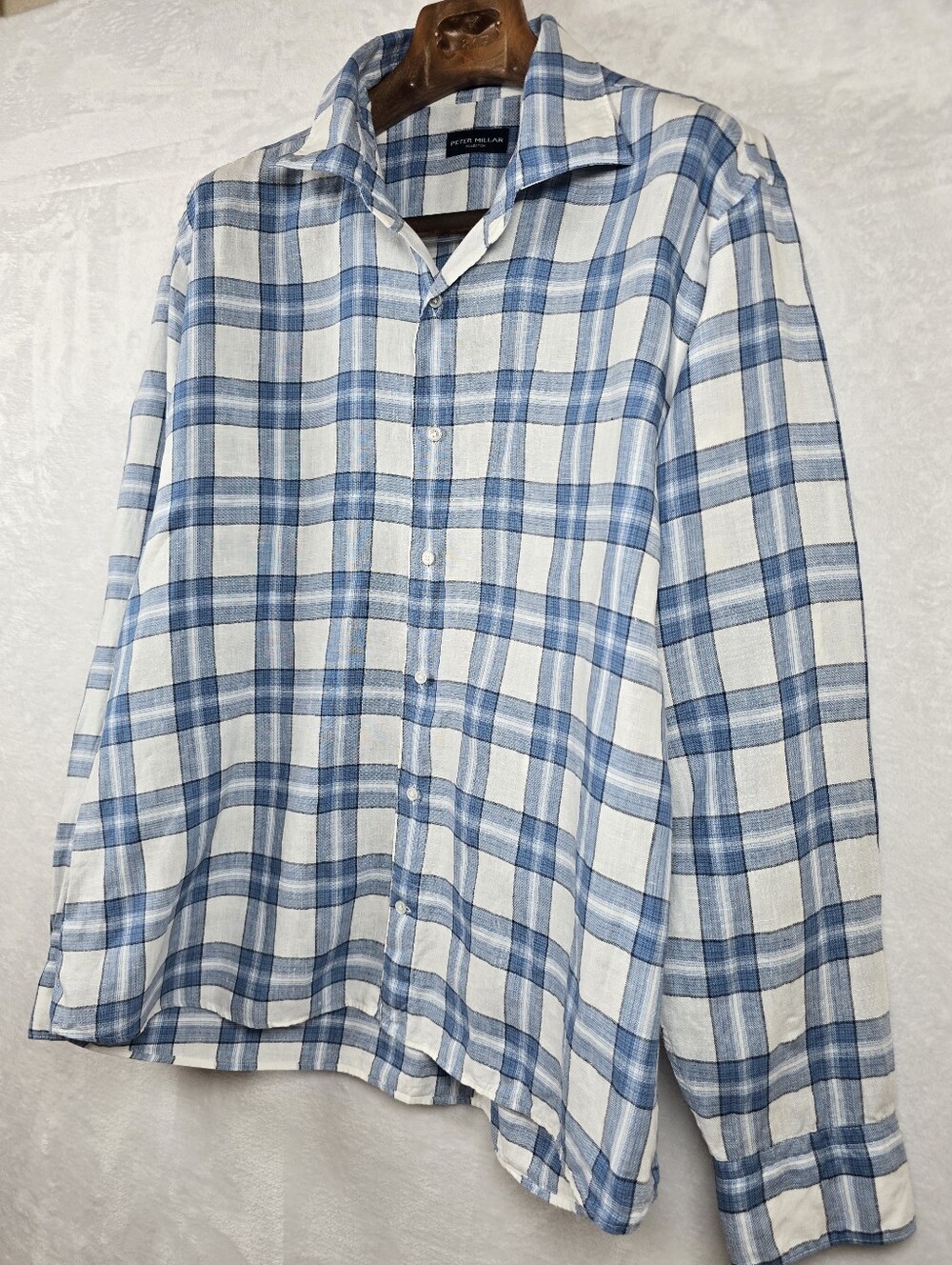 Peter Millar 100% Linen Blue Plaid Button Down Shirt Long Sleeve Sz. XL - Picture 7 of 15